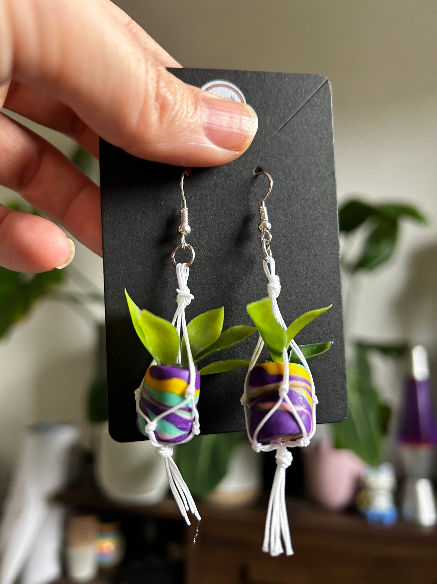 Macrame Hanger Earrings White/ Purple Swirl- Silver plated