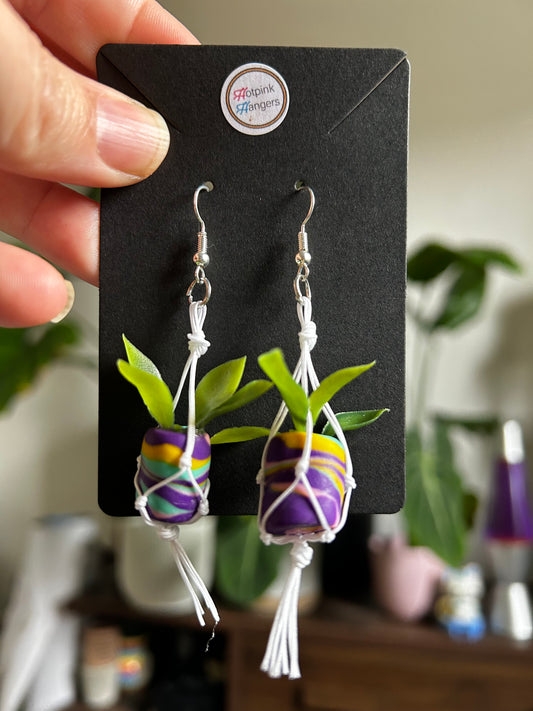 Macrame Hanger Earrings White/ Purple Swirl- Silver plated
