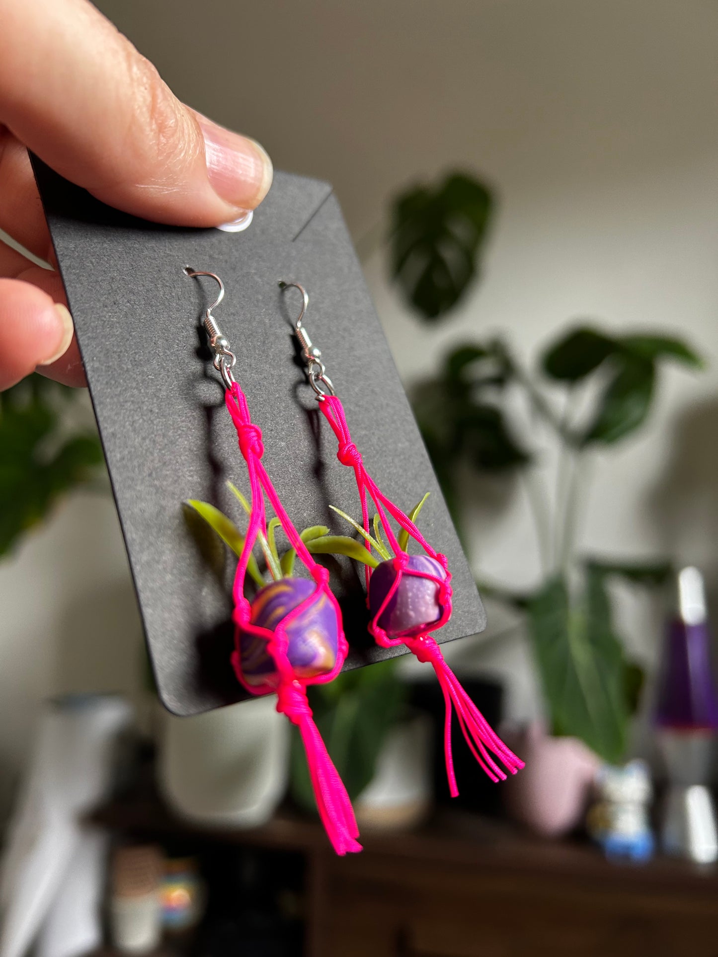Macrame Hanger Earrings Pink/ Purple Swirl