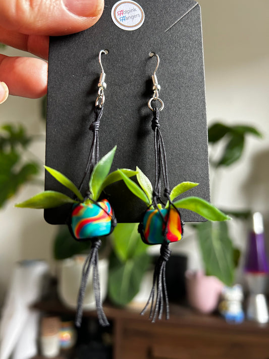 Macrame Hanger Earrings Black/ Multi swirl