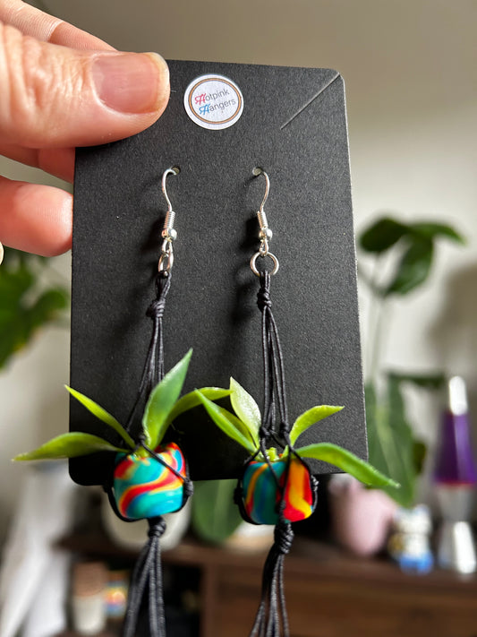 Macrame Hanger Earrings Black/ Multi swirl