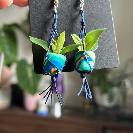 Macrame Hanger Earrings Blue/ blue green swirl