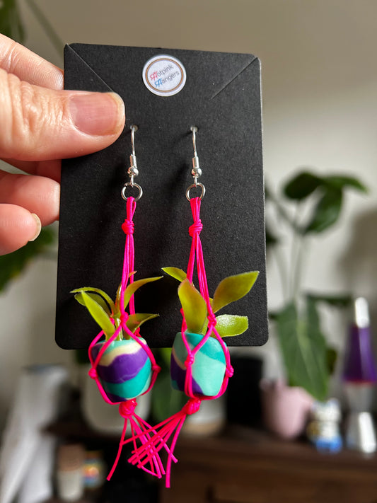 Macrame Hanger Earrings Pink/ Teal Purple Swirl