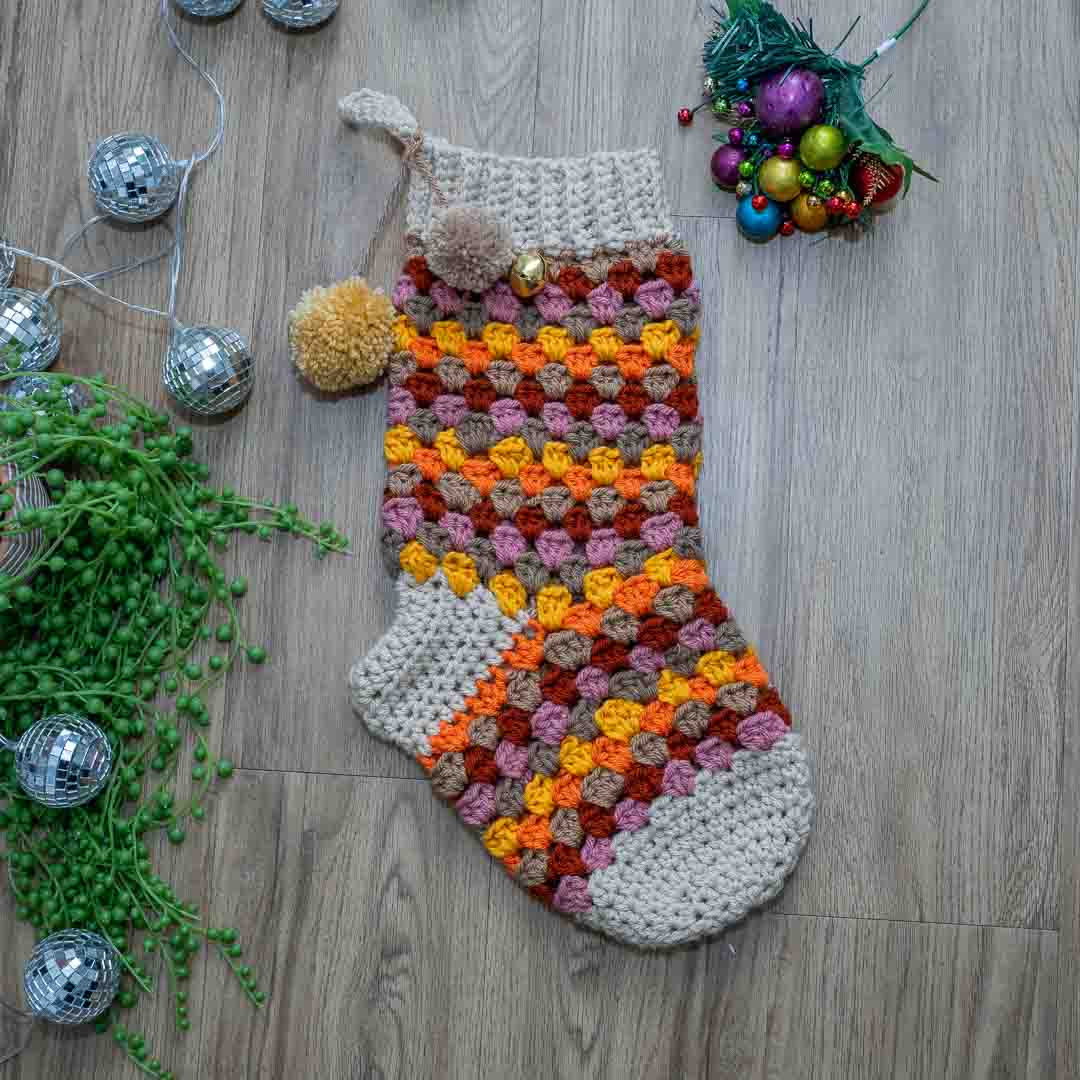 Handmade Granny Square Crochet Christmas Stocking – Festive Colors, Pom Poms & Bells