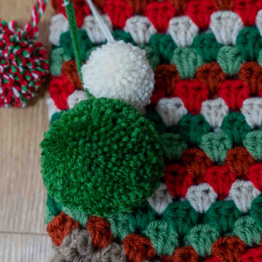 Handmade Granny Square Crochet Christmas Stocking – Festive Colors, Pom Poms & Bells