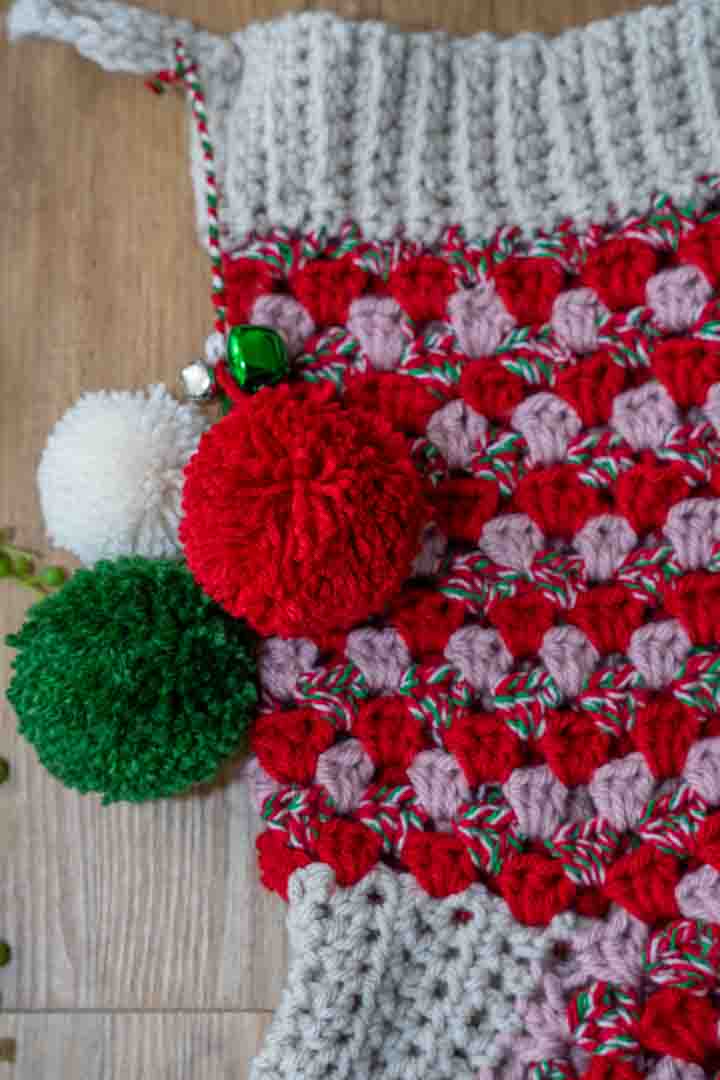 Handmade Granny Square Crochet Christmas Stocking – Festive Colors, Pom Poms & Bells