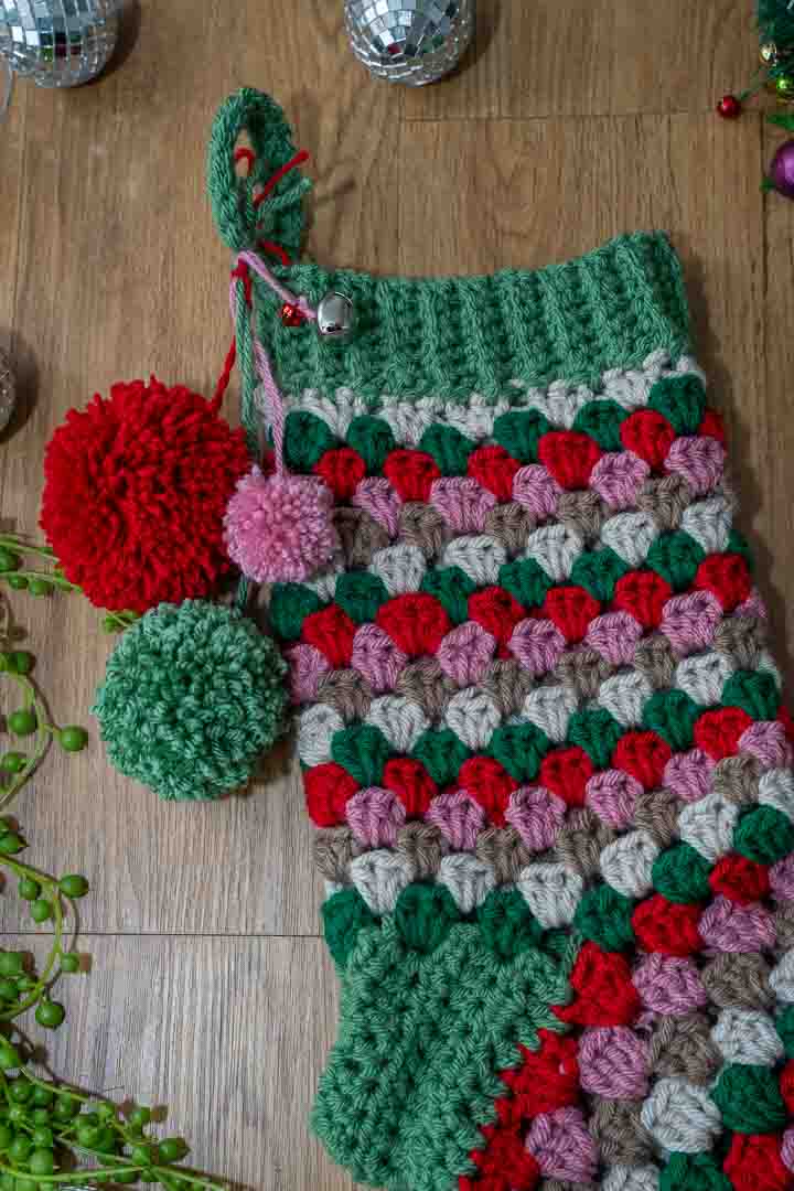 Handmade Granny Square Crochet Christmas Stocking – Festive Colors, Pom Poms & Bells