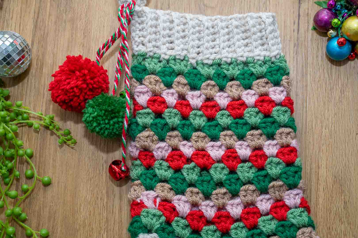 Handmade Granny Square Crochet Christmas Stocking – Festive Colors, Pom Poms & Bells