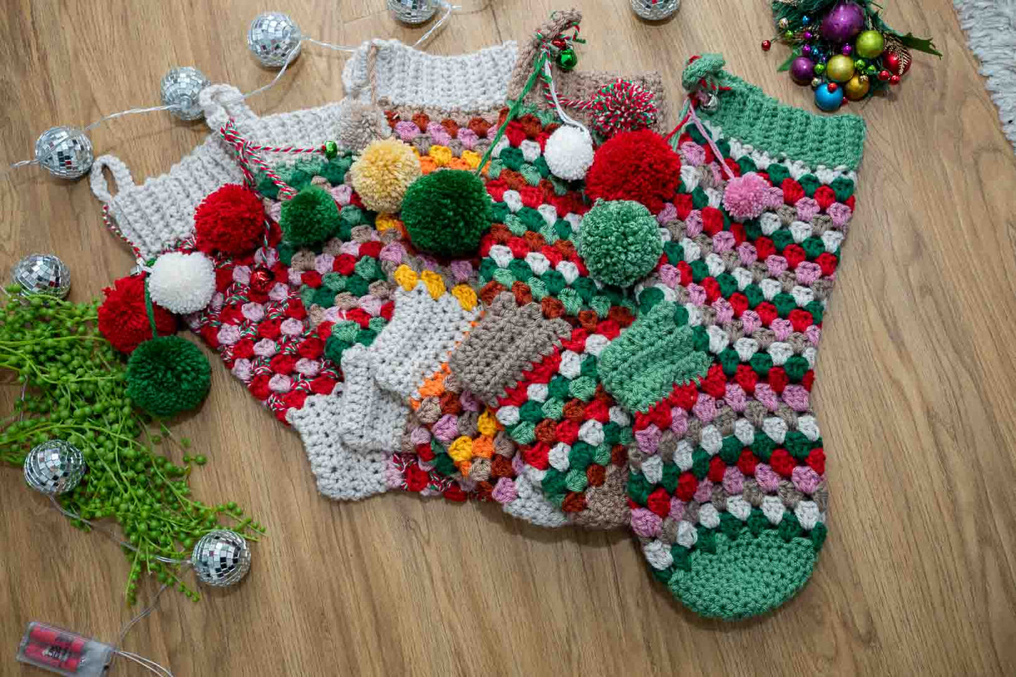 Handmade Granny Square Crochet Christmas Stocking – Festive Colors, Pom Poms & Bells