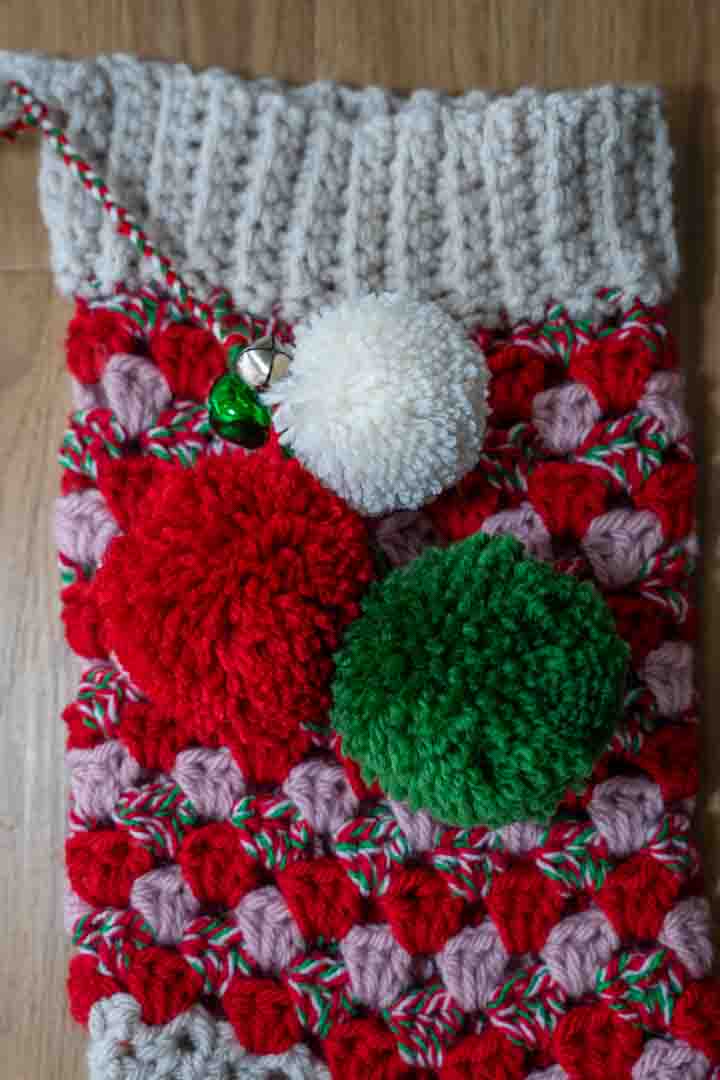 Handmade Granny Square Crochet Christmas Stocking – Festive Colors, Pom Poms & Bells