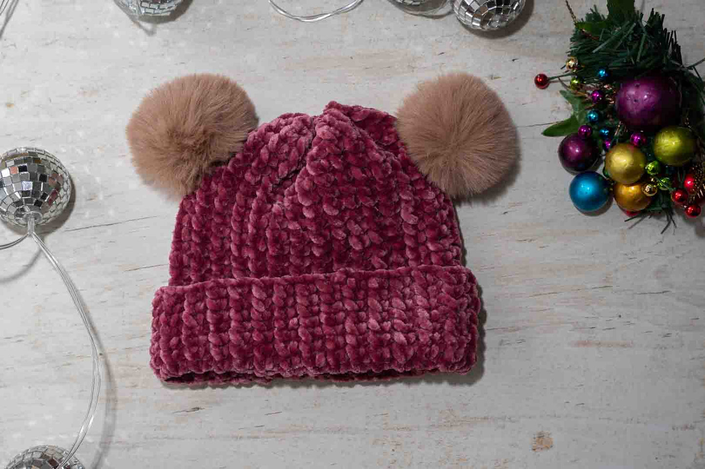 Handmade Cozy Crochet Beanies with Velvet Yarn &  Double Pom Poms – For Babies & Children