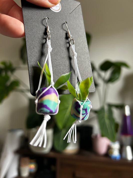 Macrame Hanger Earrings White/ Purple, Teal, White Swirl- Silver plated