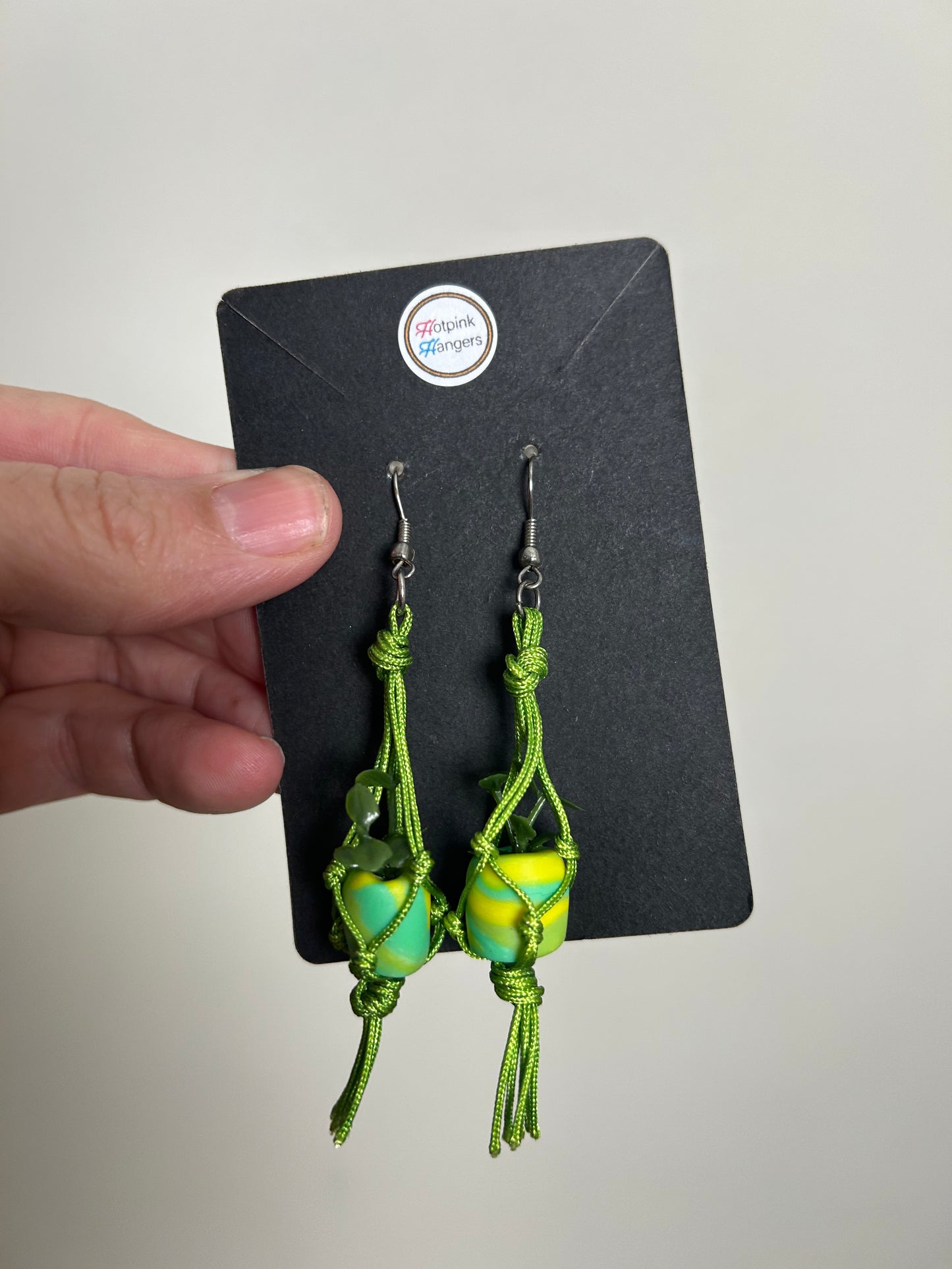 Macrame Hanger Earrings Green/ Green Yellow swirl