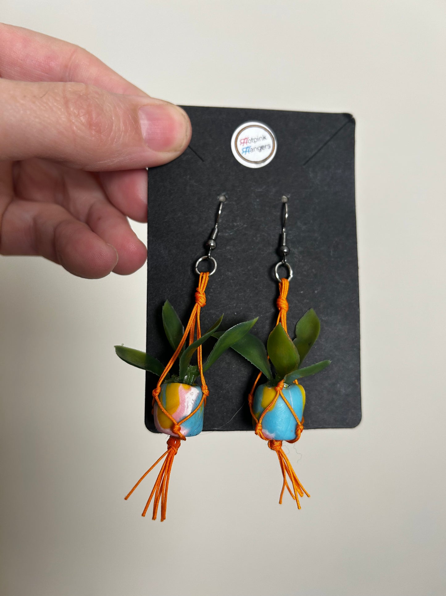 Macrame Hanger Earrings Orange/Blue Swirl