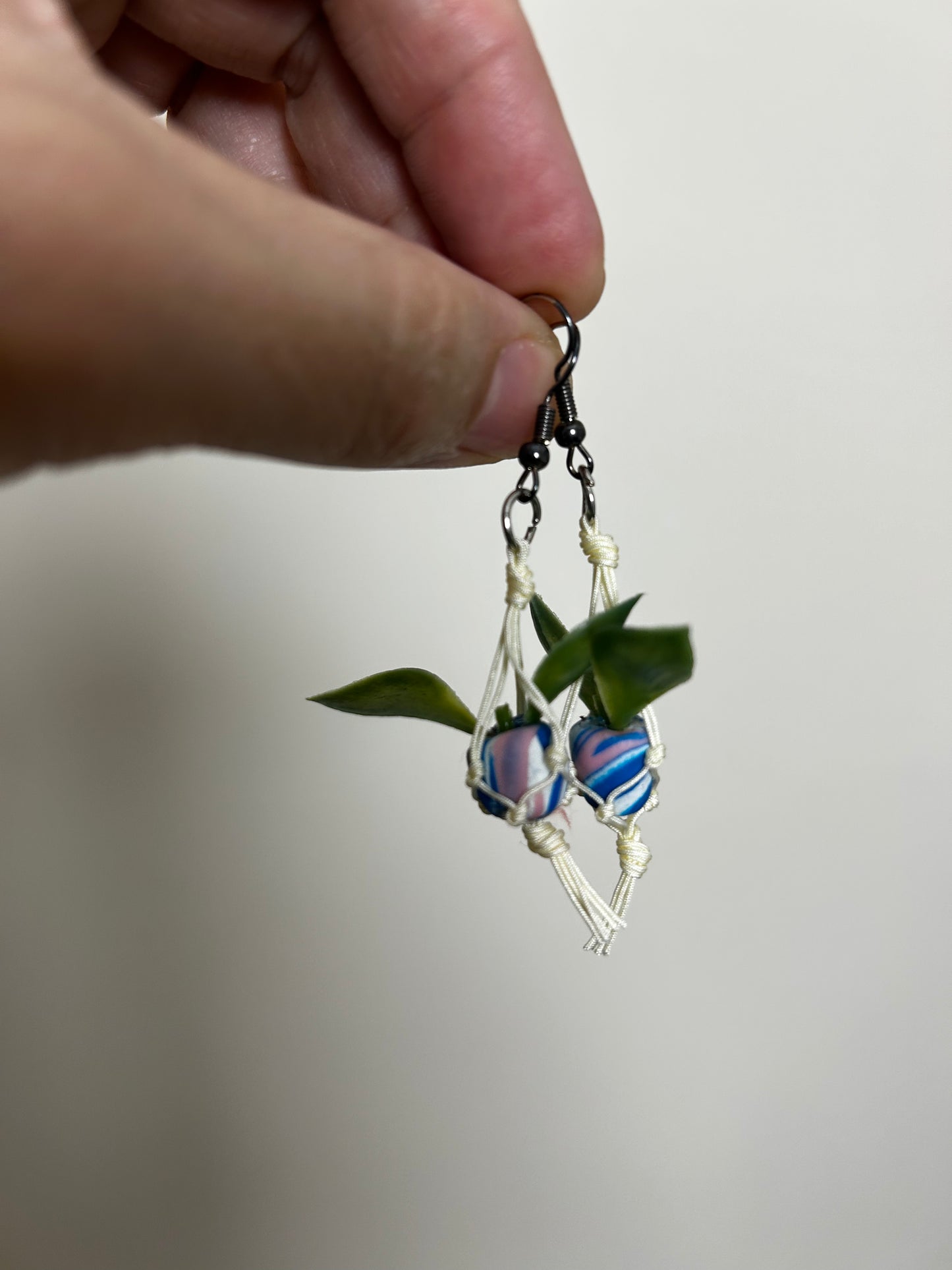 Macrame Hanger Earrings White/ Blue Pink Swirl