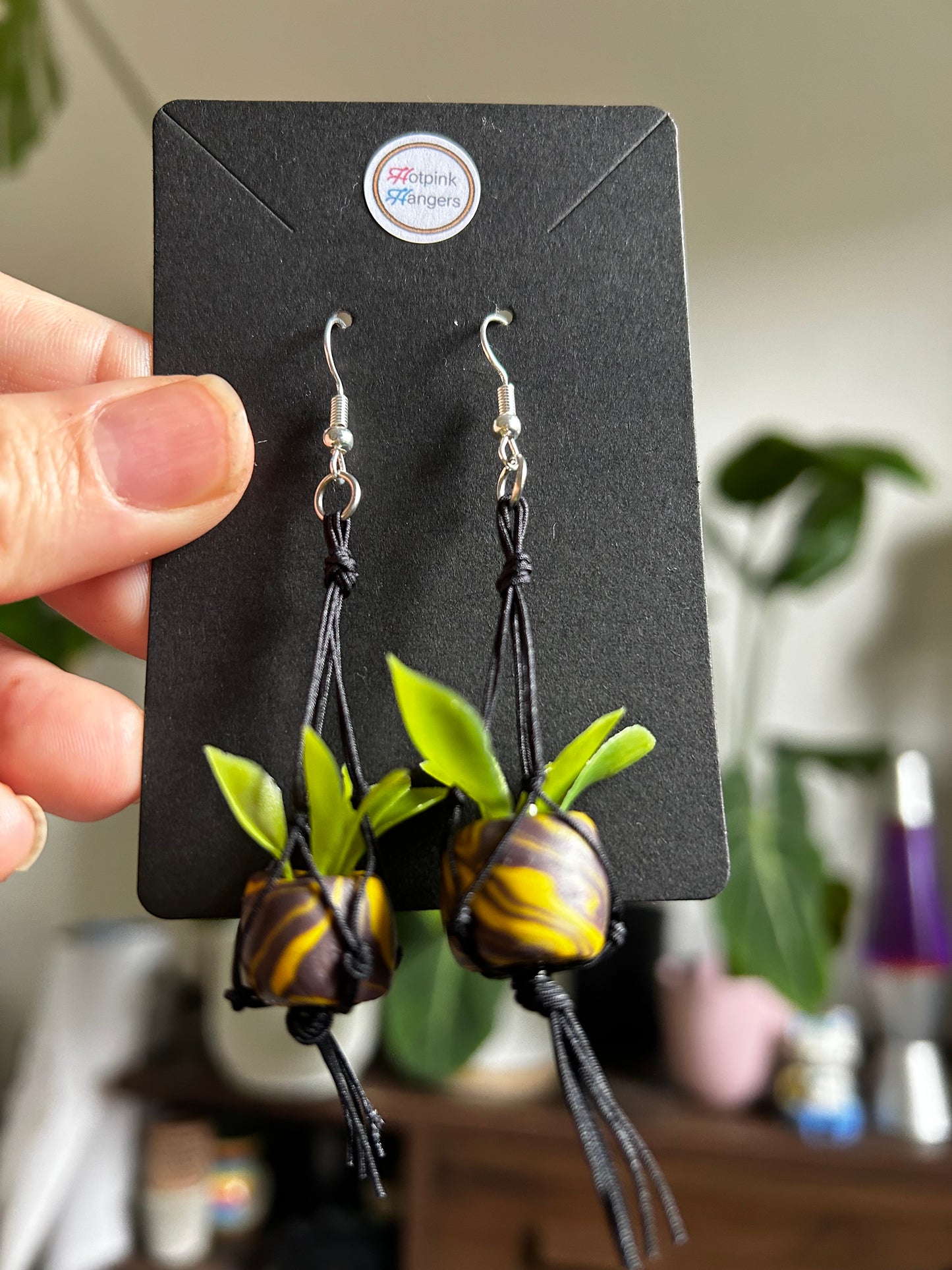 Macrame Hanger Earrings Black/ Yellow Brown swirl