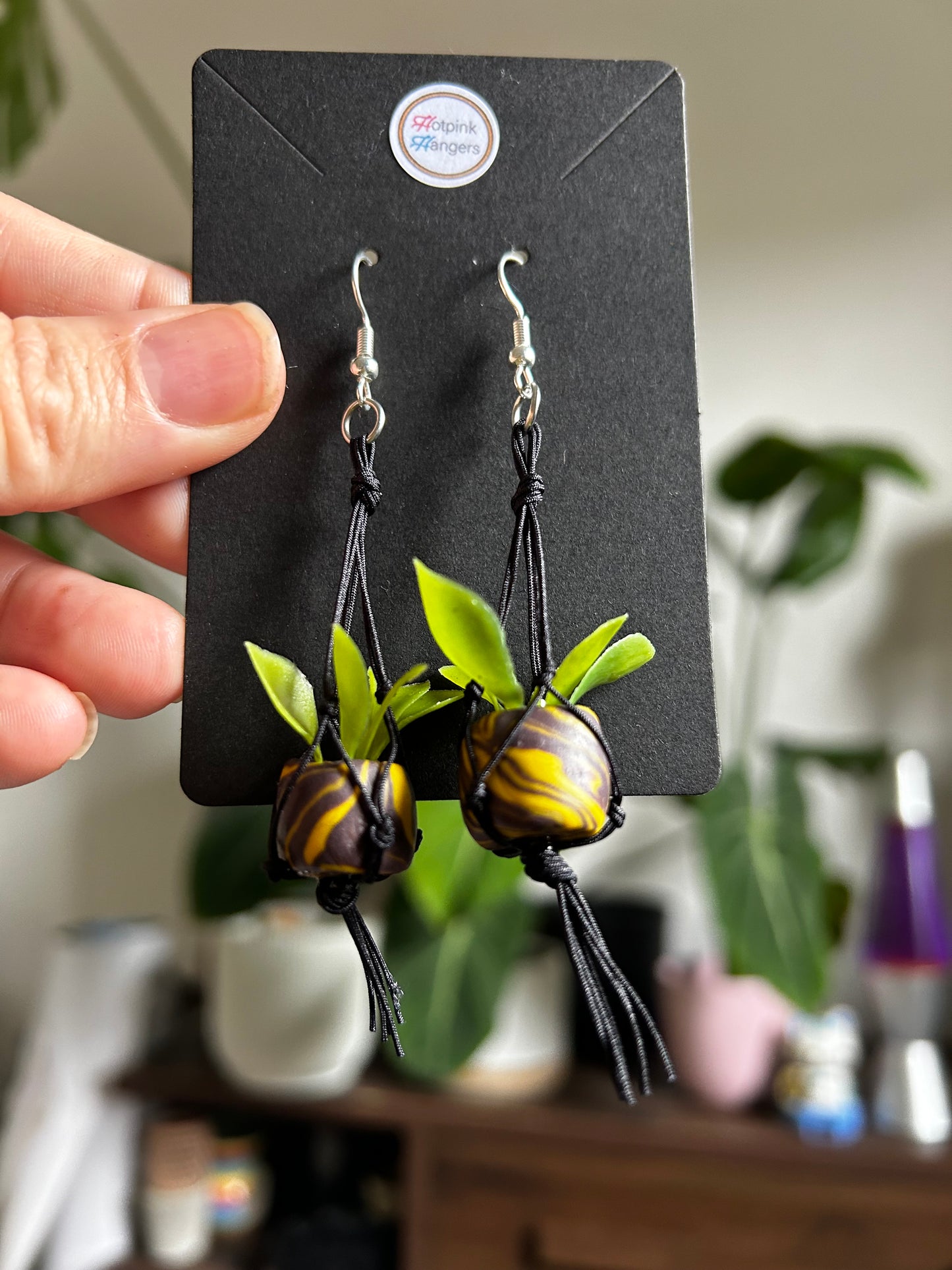 Macrame Hanger Earrings Black/ Yellow Brown swirl