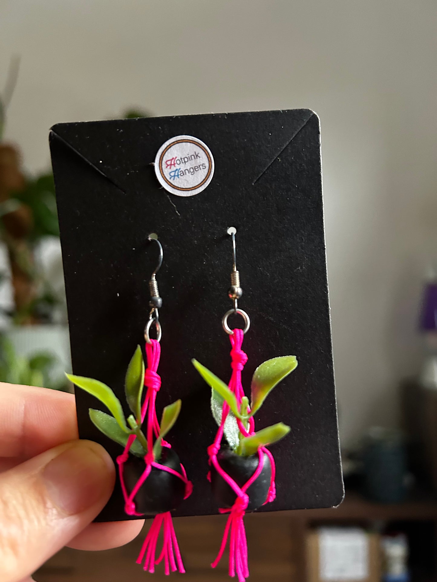 Macrame Hanger Earrings Pink/  Black