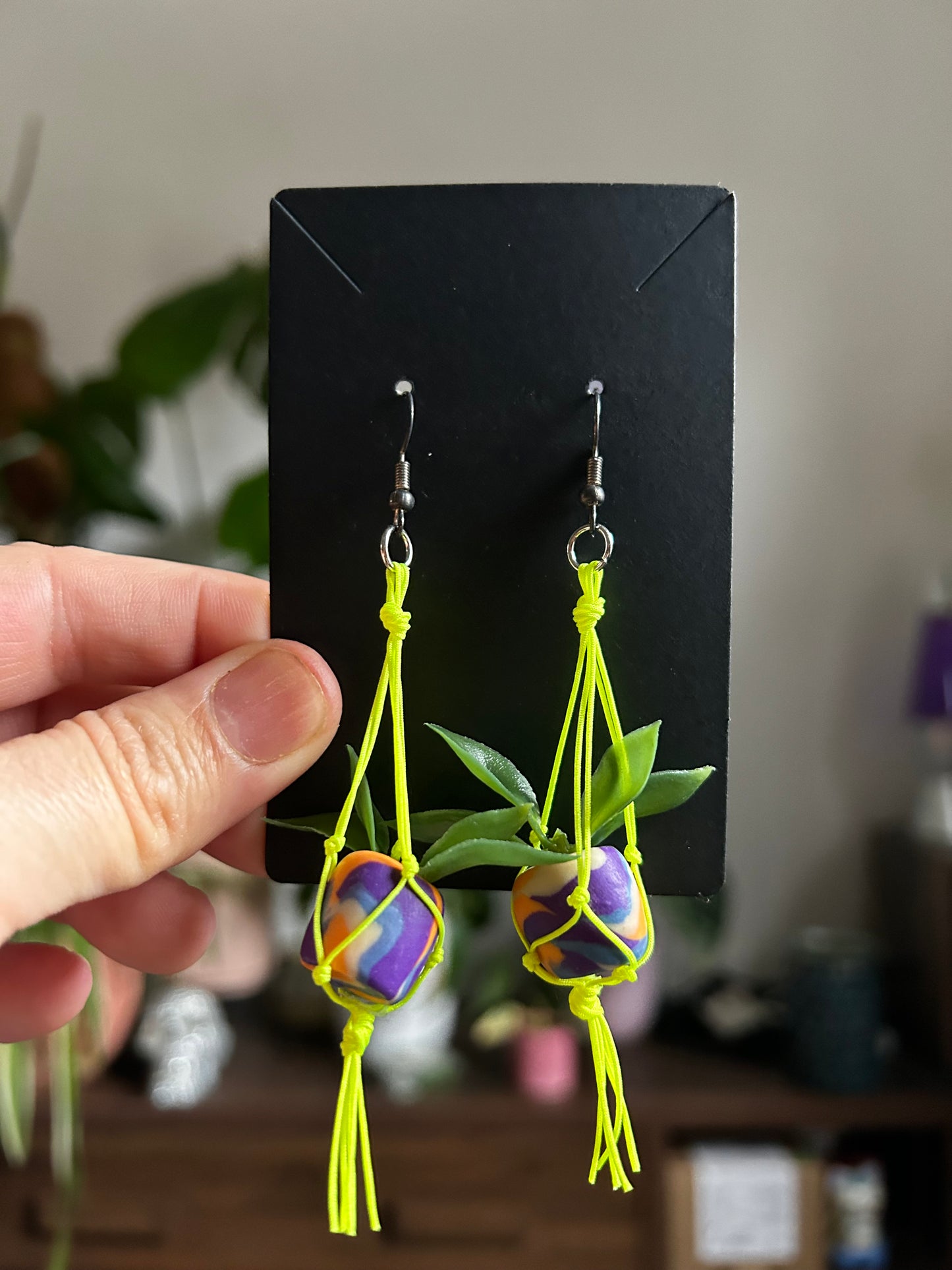 Macrame Hanger Earrings Neon/ Purple Blue