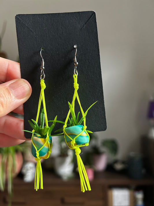 Macrame Hanger Earrings Neon/ Teal White