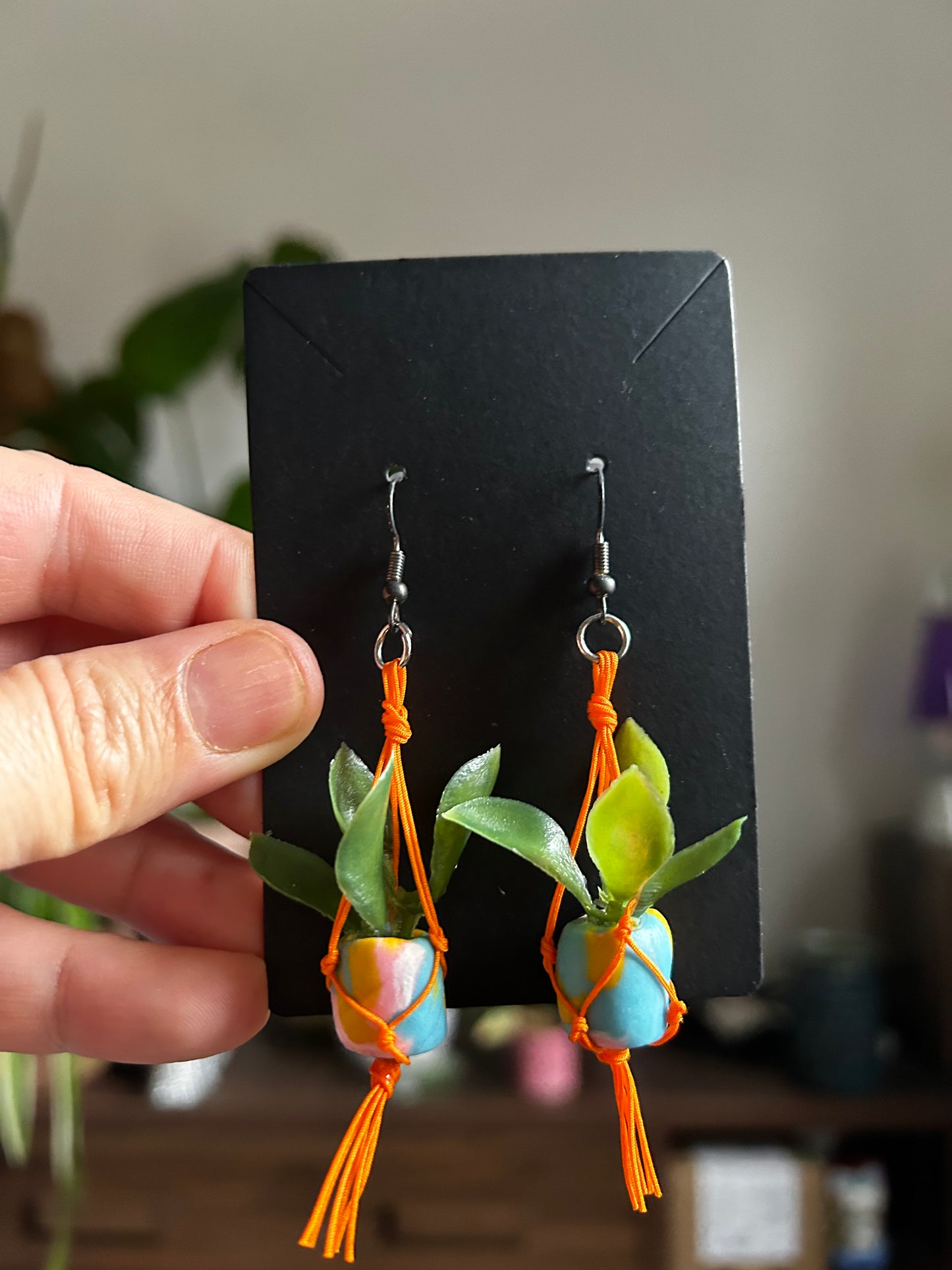 Macrame Hanger Earrings Orange/ Teal Swirl