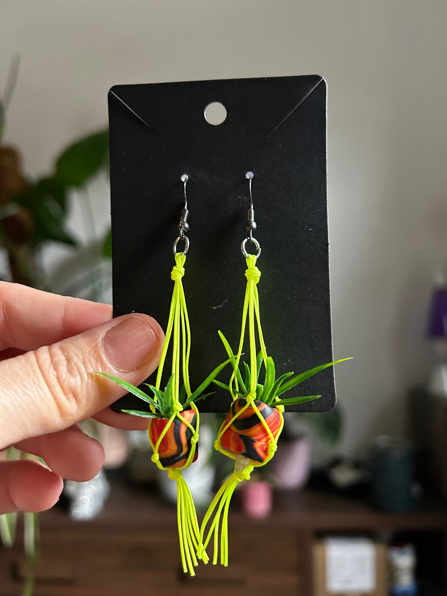 Macrame Hanger Earrings Neon/ Orange Black