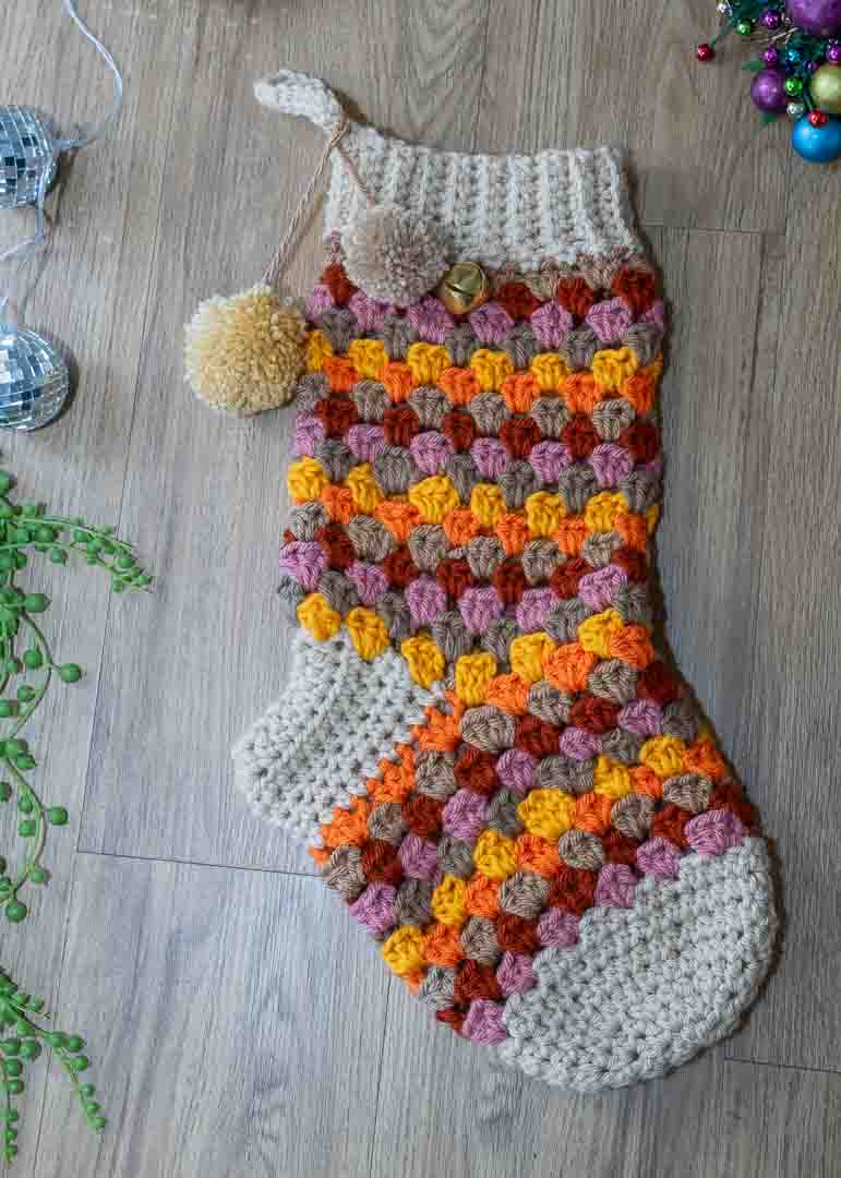 Handmade Granny Square Crochet Christmas Stocking – Festive Colors, Pom Poms & Bells