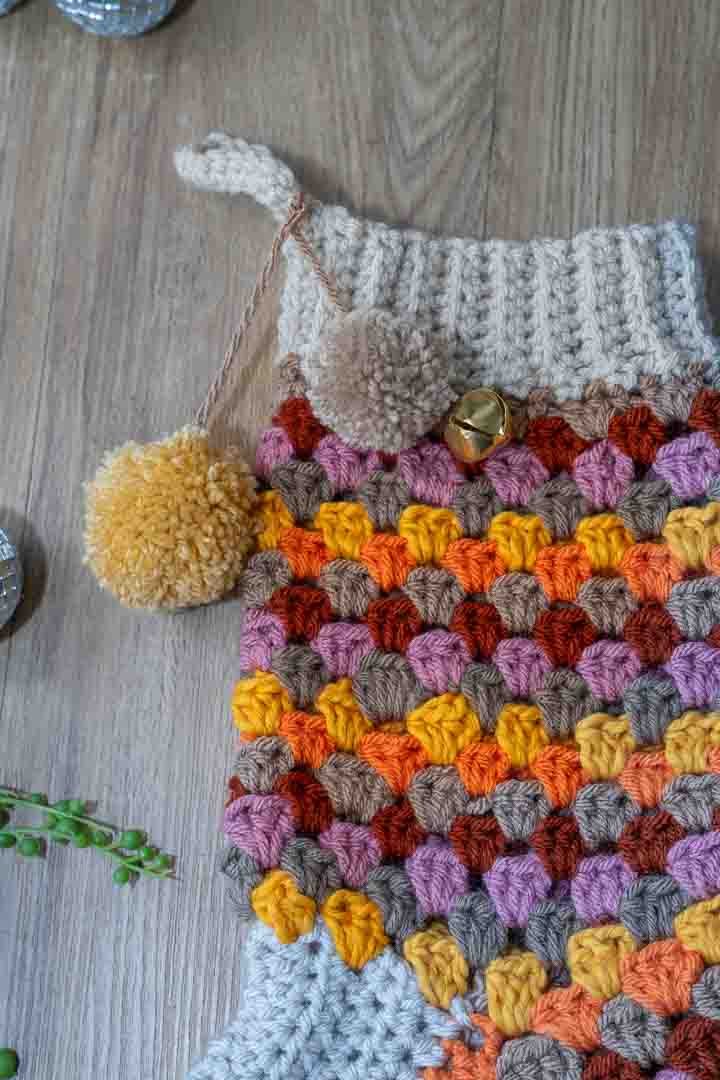 Handmade Granny Square Crochet Christmas Stocking – Festive Colors, Pom Poms & Bells