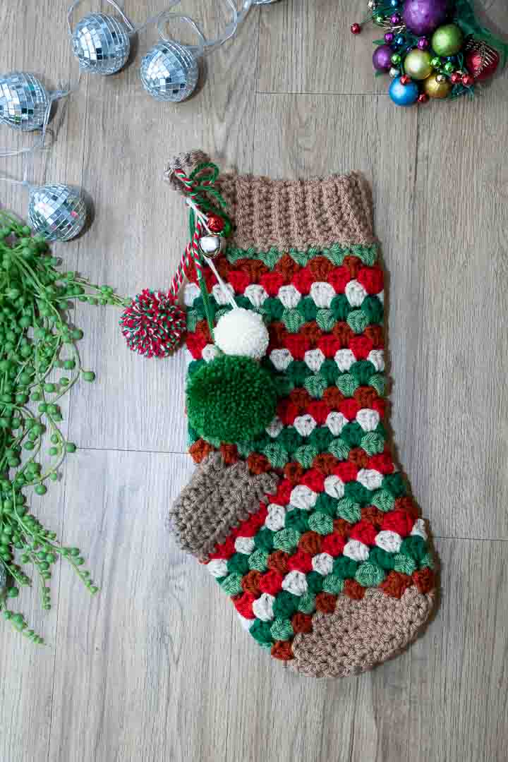 Handmade Granny Square Crochet Christmas Stocking – Festive Colors, Pom Poms & Bells