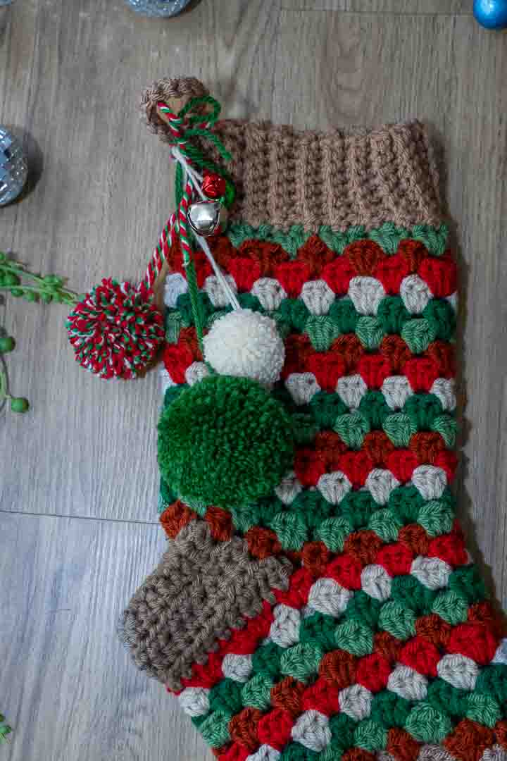 Handmade Granny Square Crochet Christmas Stocking – Festive Colors, Pom Poms & Bells