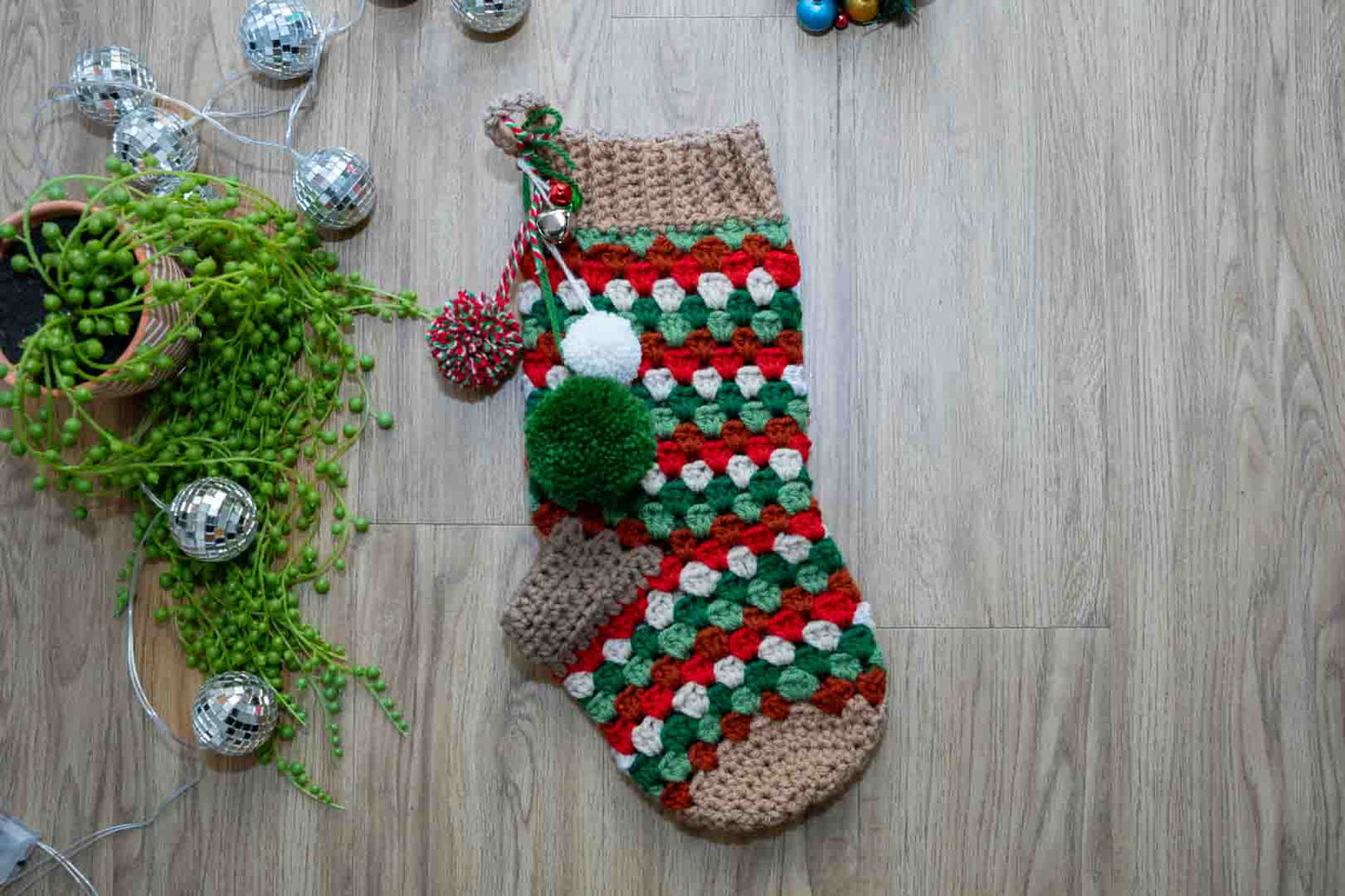 Handmade Granny Square Crochet Christmas Stocking – Festive Colors, Pom Poms & Bells