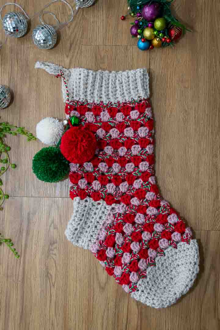 Handmade Granny Square Crochet Christmas Stocking – Festive Colors, Pom Poms & Bells