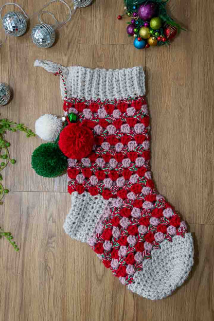 Handmade Granny Square Crochet Christmas Stocking – Festive Colors, Pom Poms & Bells