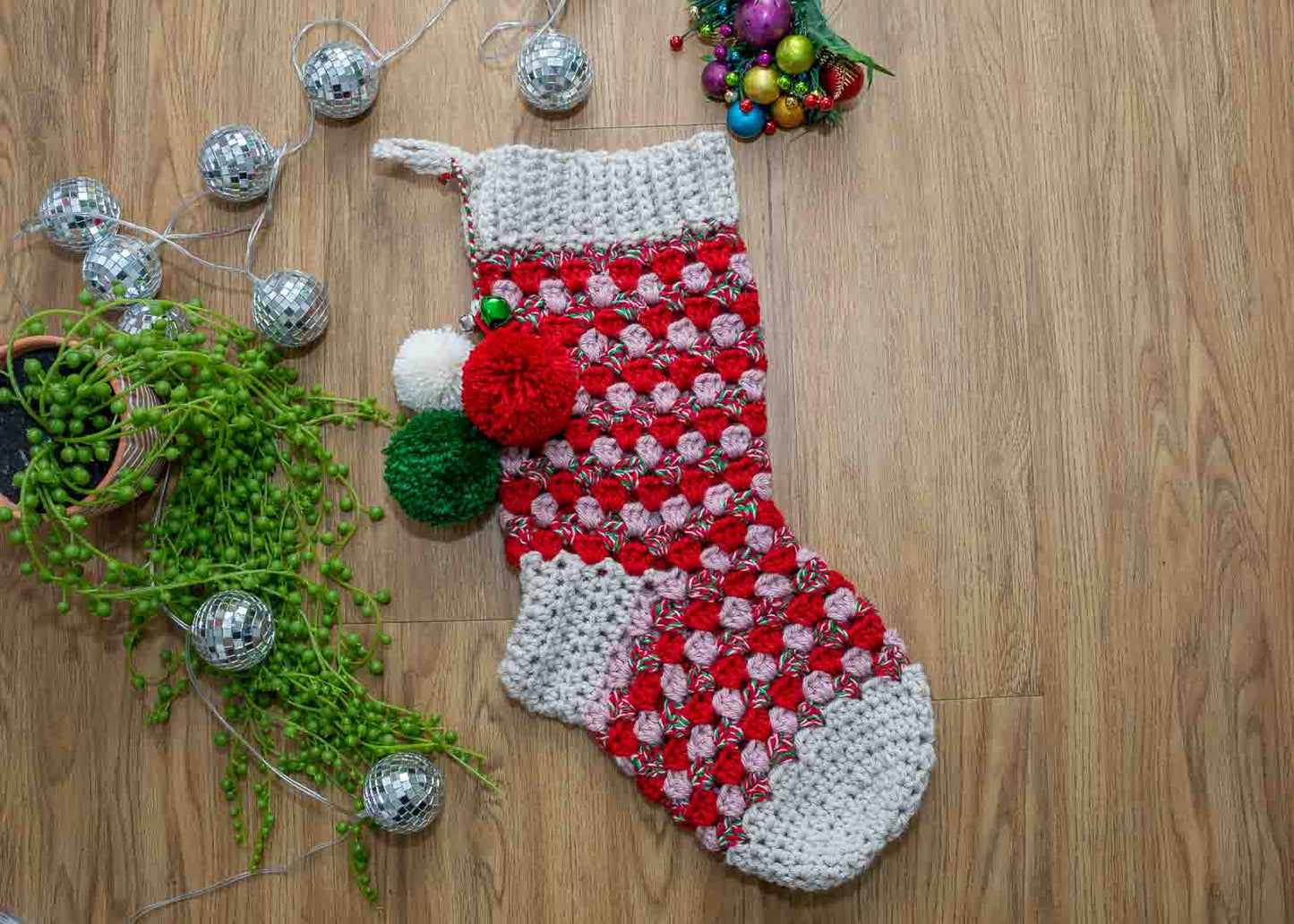 Handmade Granny Square Crochet Christmas Stocking – Festive Colors, Pom Poms & Bells