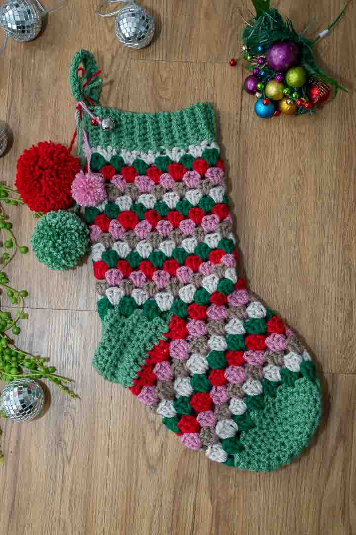 Handmade Granny Square Crochet Christmas Stocking – Festive Colors, Pom Poms & Bells