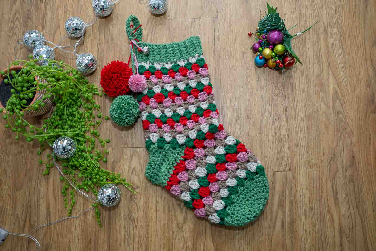 Handmade Granny Square Crochet Christmas Stocking – Festive Colors, Pom Poms & Bells