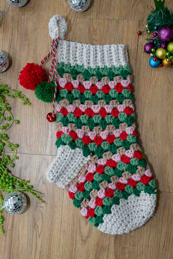 Handmade Granny Square Crochet Christmas Stocking – Festive Colors, Pom Poms & Bells