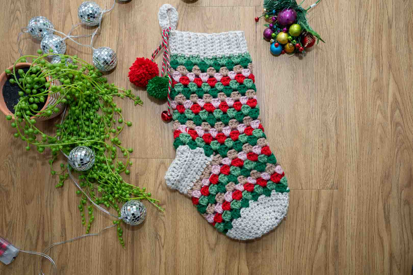 Handmade Granny Square Crochet Christmas Stocking – Festive Colors, Pom Poms & Bells