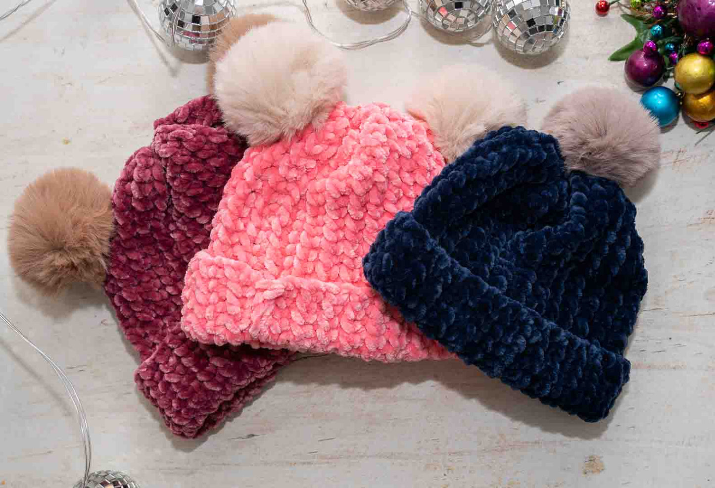 Handmade Cozy Crochet Beanies with Velvet Yarn &  Double Pom Poms – For Babies & Children