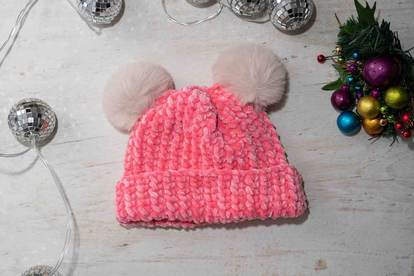 Handmade Cozy Crochet Beanies with Velvet Yarn &  Double Pom Poms – For Babies & Children