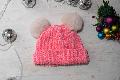 Handmade Cozy Crochet Beanies with Velvet Yarn &  Double Pom Poms – For Babies & Children