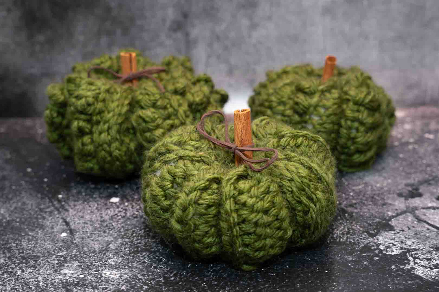 Handmade Crochet Rustic Pumpkins - Cozy Autumn Decor with Cinnamon Stalks