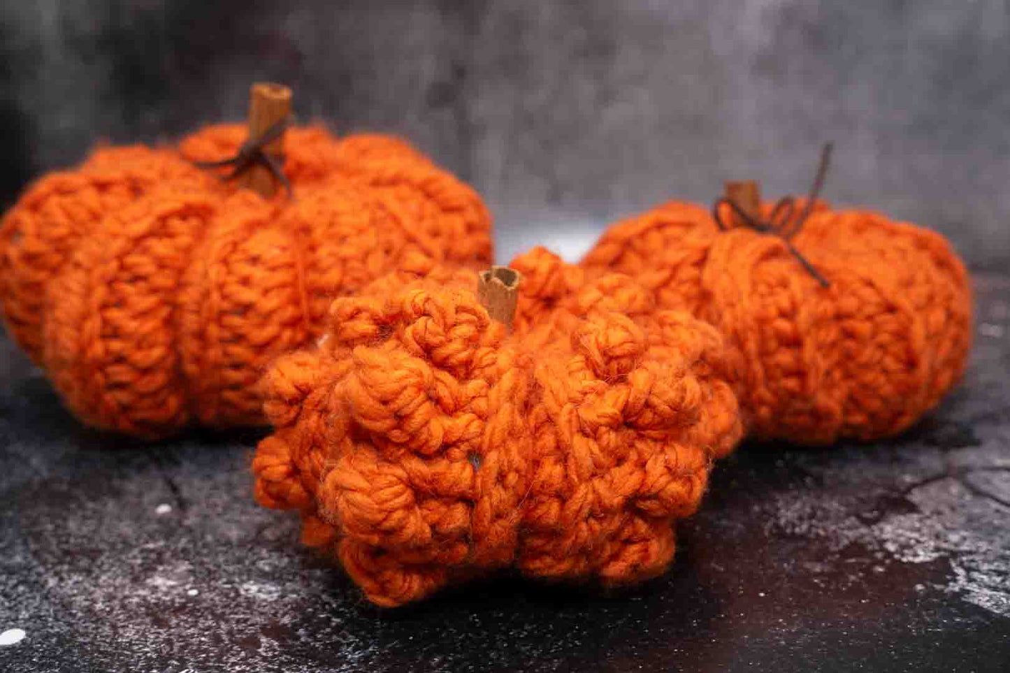 Handmade Crochet Rustic Pumpkins - Cozy Autumn Decor with Cinnamon Stalks