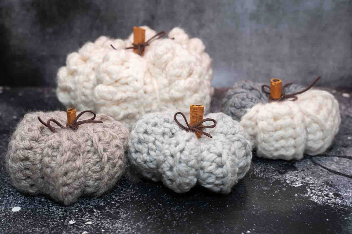 Handmade Crochet Rustic Pumpkins - Cozy Autumn Decor with Cinnamon Stalks