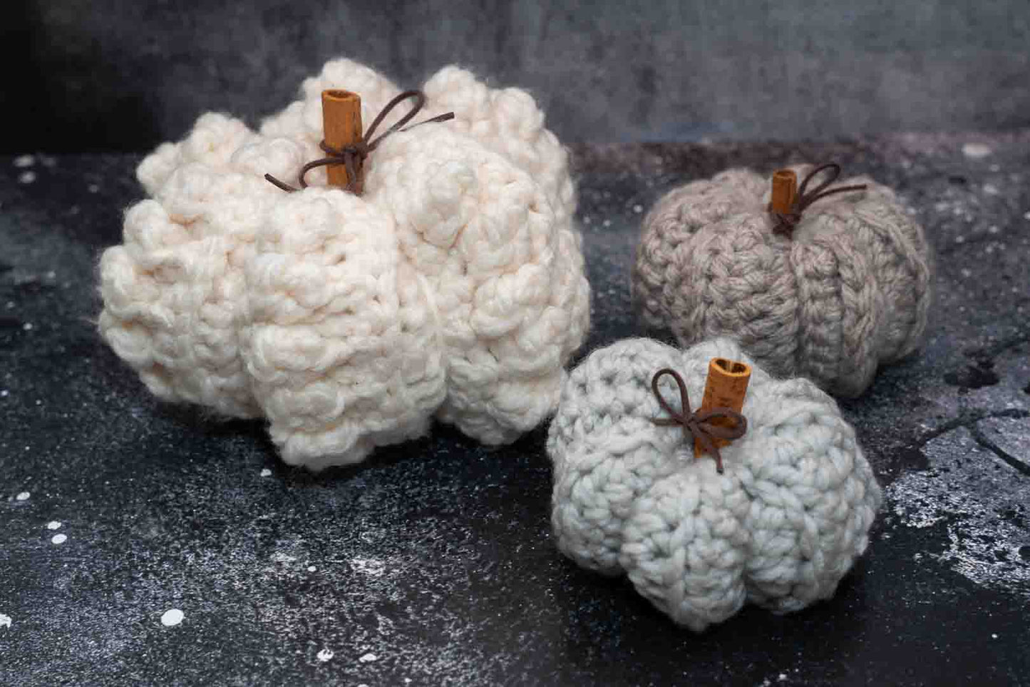 Handmade Crochet Rustic Pumpkins - Cozy Autumn Decor with Cinnamon Stalks