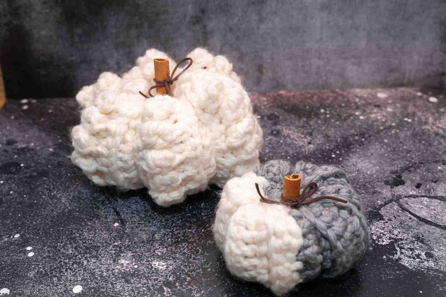 Handmade Crochet Rustic Pumpkins - Cozy Autumn Decor with Cinnamon Stalks