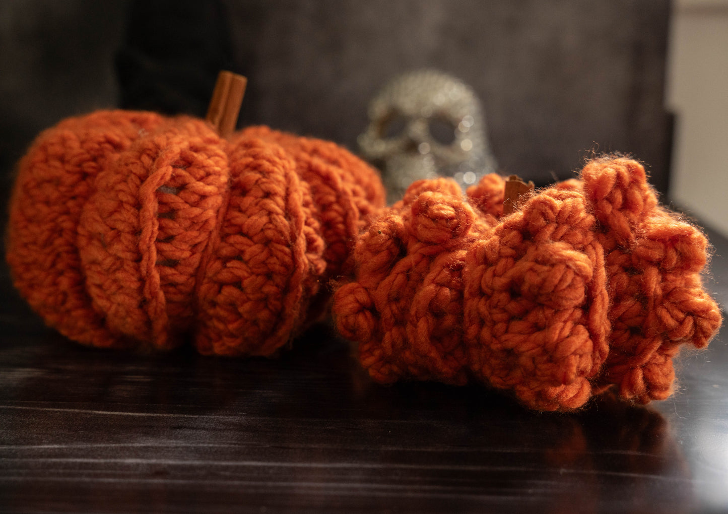 Handmade Crochet Rustic Pumpkins - Cozy Autumn Decor with Cinnamon Stalks