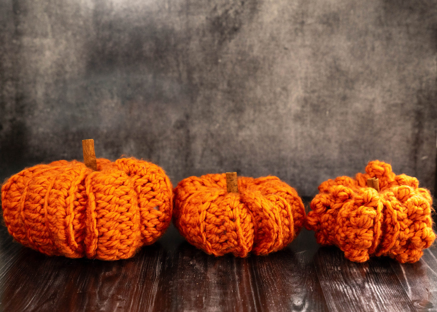 Handmade Crochet Rustic Pumpkins - Cozy Autumn Decor with Cinnamon Stalks