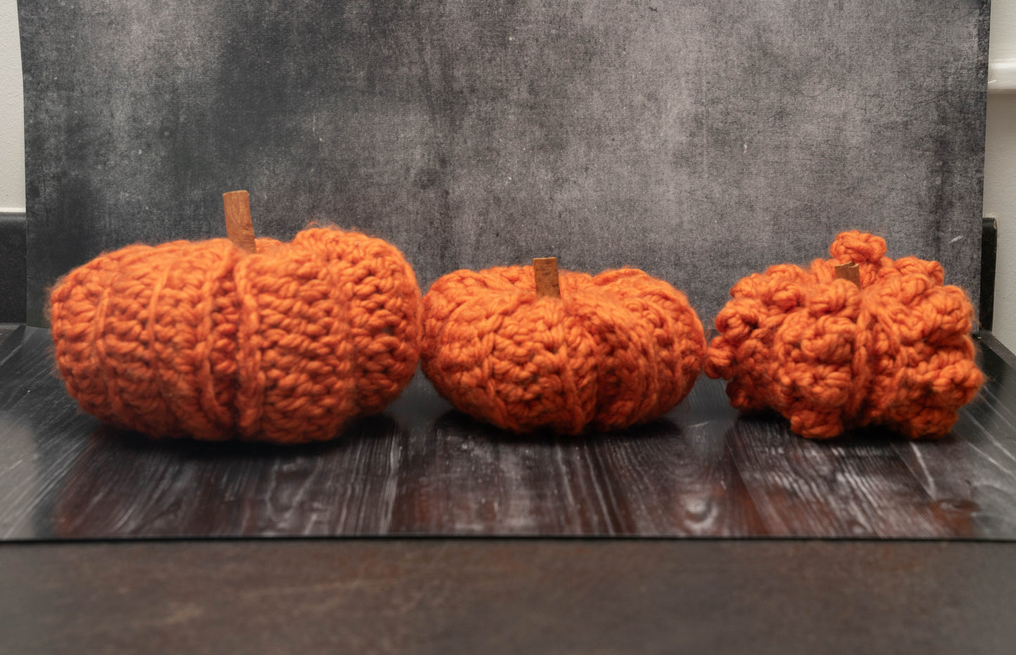 Handmade Crochet Rustic Pumpkins - Cozy Autumn Decor with Cinnamon Stalks