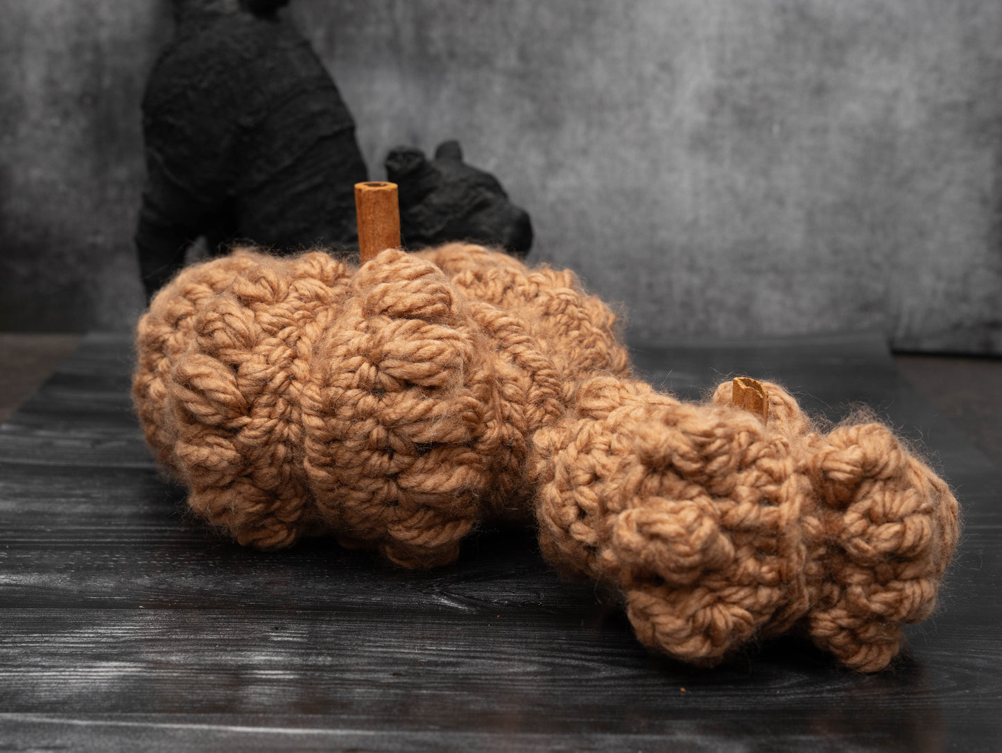 Handmade Crochet Rustic Pumpkins - Cozy Autumn Decor with Cinnamon Stalks